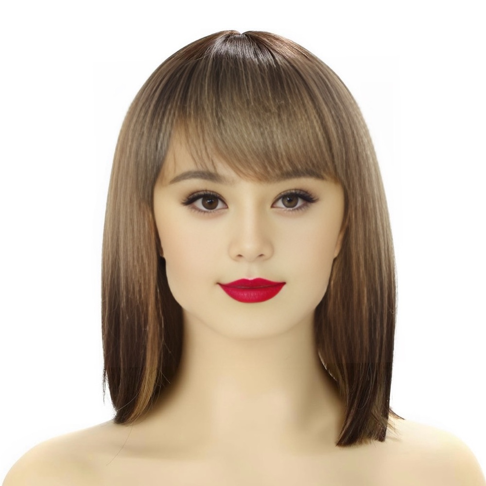 Brown Short Bob Wigs for Women Natural Straight Synthetic Hair Wig with Bangs